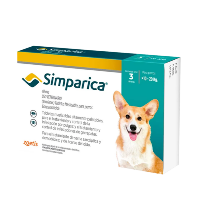 Caja de Simparica 40 mg Perro de 10 a 20 kg Caja x 3 tabletas antiparasitario para perros