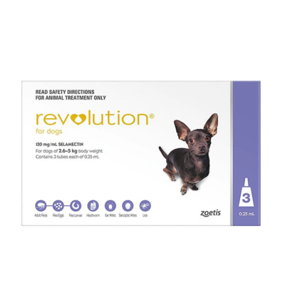 Revolution 12% Morado Perros de 2.6 a 5 kg Caja x 3 und en presentación antiparasitaria para mascotas según rango de peso