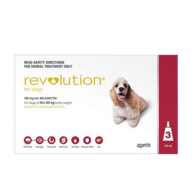 Revolution 12% Rojo Perros de 10.1 a 20 kg Caja x 3 und en presentación antiparasitaria para mascotas según rango de peso