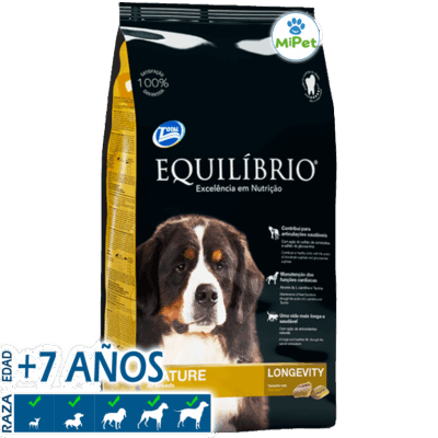 Alimento Equilibrio Mature Dogs All Breeds 15kg para perros mayores de todas las razas, con ingredientes que apoyan la salud articular y digestiva.