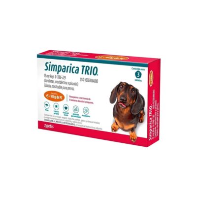 Caja de Simparica Trio 12 mg Perro de 5 a 10 kg Caja x 3 tabletas antiparasitario para perros