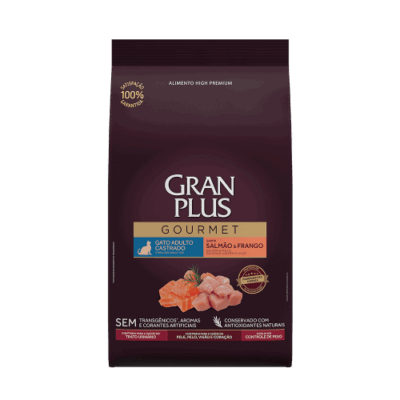 Imagen de Gran Plus Gourmet Gato Adulto Castrado Salmón y Pollo 10kg, nutrición super premium para gatos.