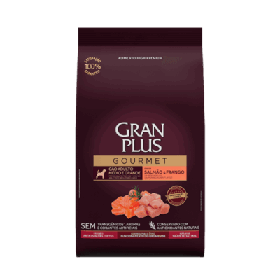 Imagen de Gran Plus Gourmet Adulto Mediano y Grande Salmon y Pollo 10 kg, nutrición super premium para perros.