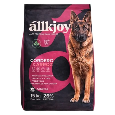 Empaque de Allkjoy Cordero y Arroz Adulto 15 kg, nutrición especializada para mascotas.