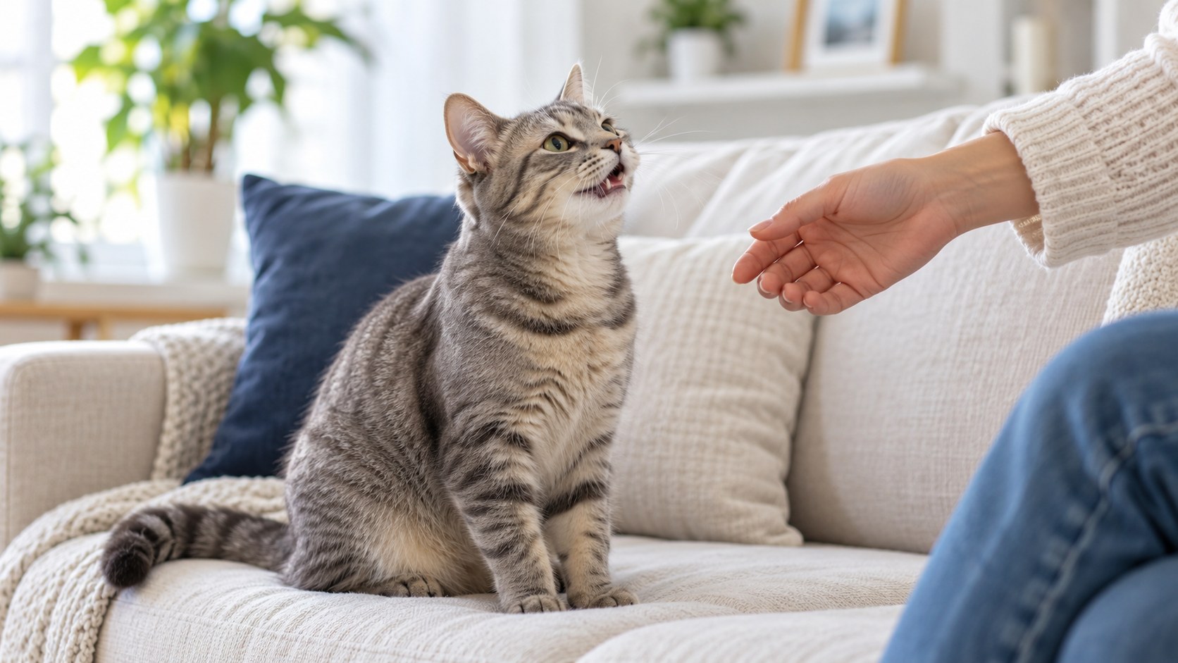 Gato atigrado maullando suavemente mientras mira la mano de su cuidador en casa